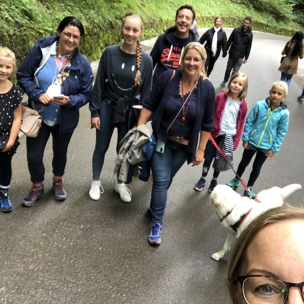 family and friends walking